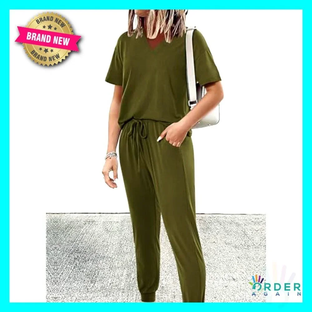 V-Neck Short Sleeve Tops Long Pants Tracksuit Lounge Jogger Set with Pockets